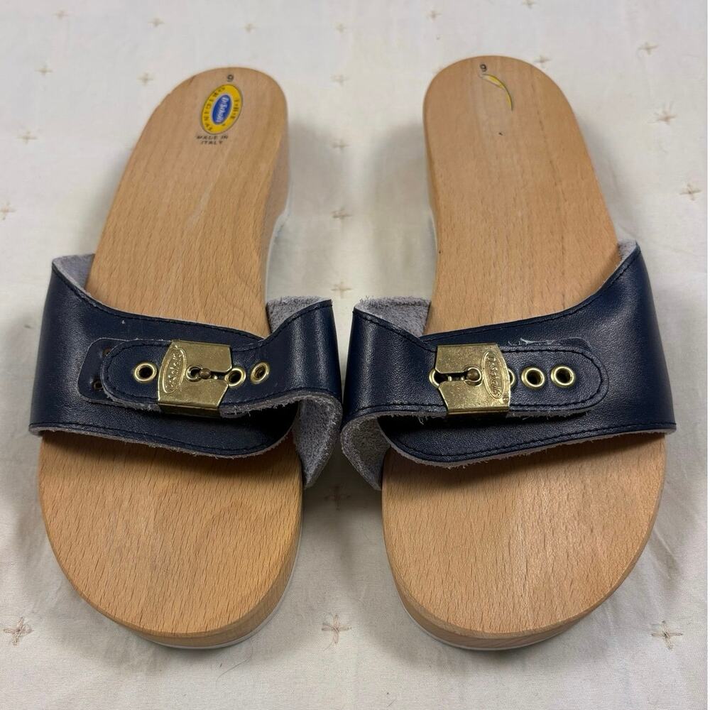 Vintage Dr Scholl's Classic Wooden Platform Sandals Women's 9 Navy Blue - Picture 2 of 6